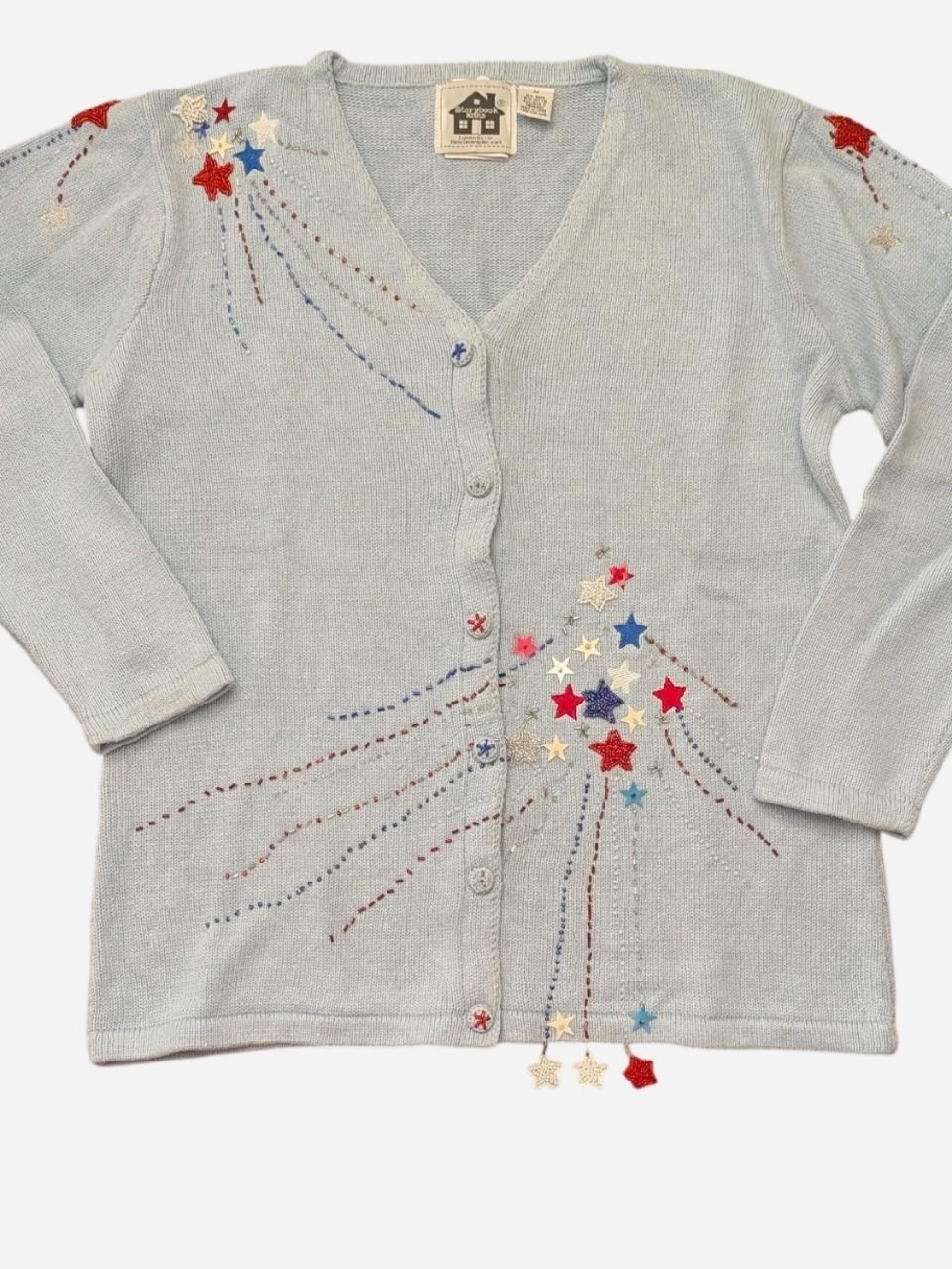 Storybook Knits Baby Blue 4th Of July America Firework Beaded Cardigan